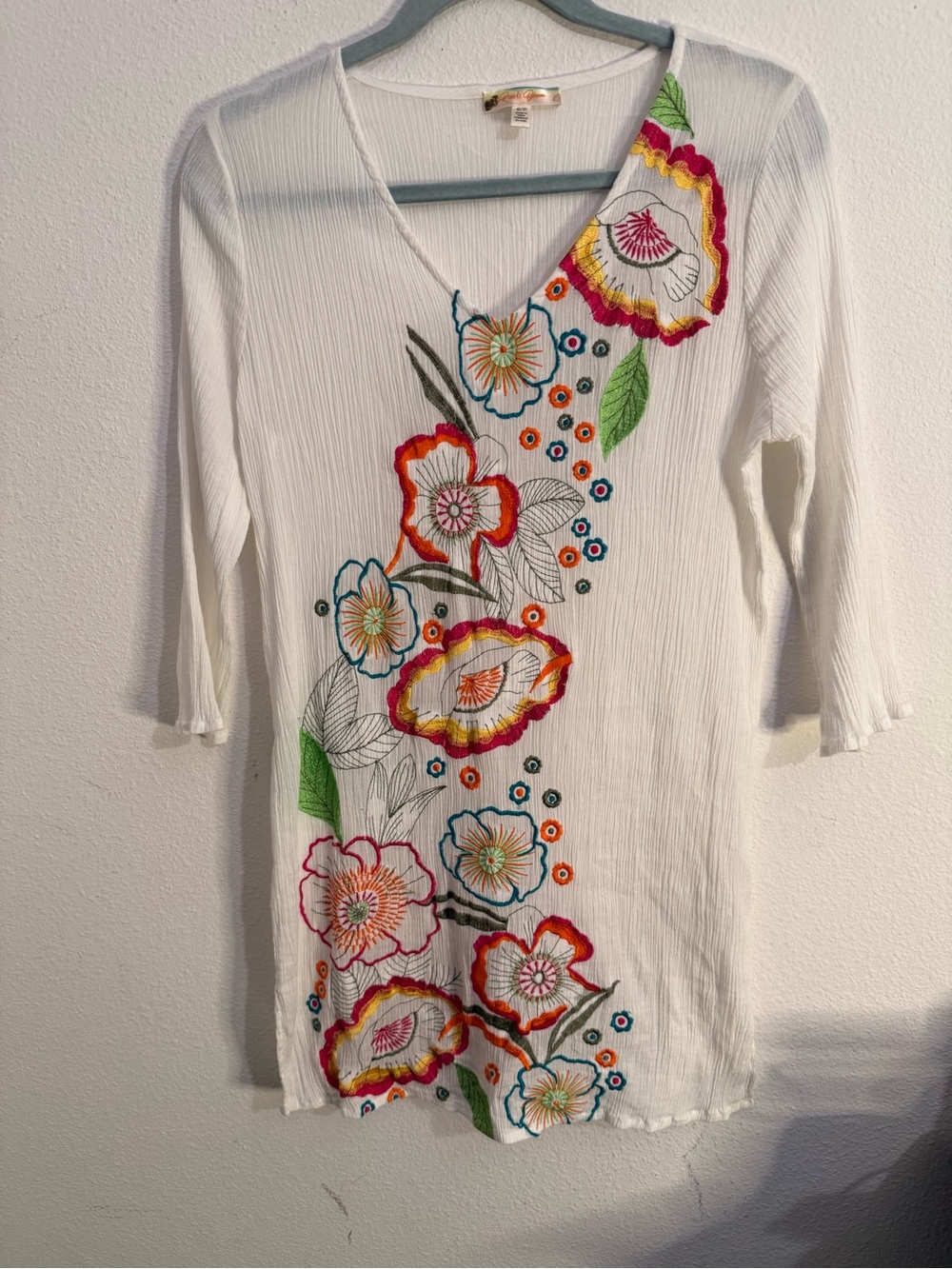 Rise & Bloom White Cotton Embroidered Floral Boho Tunic Dress Coverup Size S - Picture 3 of 7